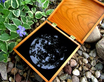 6" Black Glass Scrying Mirror, Handcrafted Concave - with an optional Black Silk wrap & Wrought Iron Stand