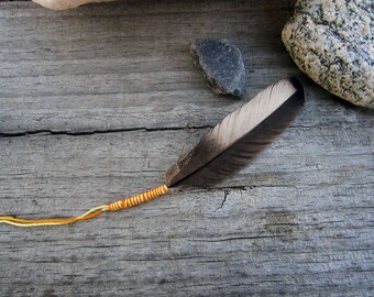 Yellow and Orange Thread Wrapped Small Smudge Feather - 5.5 inch Natural Heritage Turkey Feather