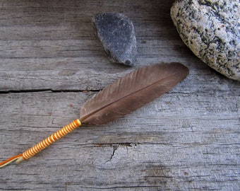 Orange and Yellow Thread Wrapped Small Smudge Feather - 5.5 inch Natural Heritage Turkey Feather