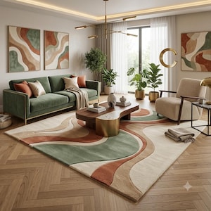 Modern Hand Tufted Abstract , Scandinavian Living Room Rug, Japani Carpet, Neutral Beige Green Terracotta Rug, Contemporary Wool Floor Rug