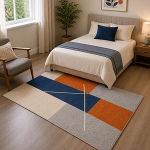 Modern Geometric Hand Tufted Wool Rug, Abstract Area Rug, Cream Teal Mustard Carpet, Living Room Rug, Bedroom Rug, Handmade 5x8 RugRoom Rug,