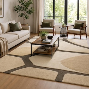 Modern Hand Tufted Wool Area Rug, Abstract Beige Cream Rug, Luxury Contemporary Living Room Carpet, Handmade Custom Rug