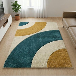 Modern Geometric Hand Tufted Wool Rug, Abstract Area Rug, Cream Teal Mustard Carpet, Living Room Rug, Bedroom Rug, Handmade 5x8 Rug