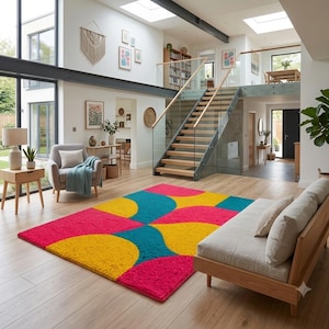 Modern Hand Tufted Abstract Area Rug – Colorful Pink Yellow Blue Geometric Carpet –Soft Wool Living Room Rug,Bedroom Rug,Handmade Home Decor