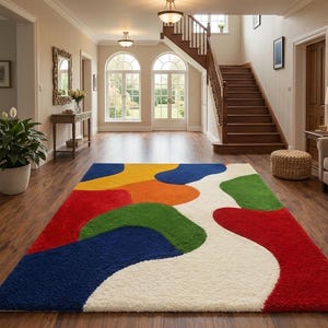 Colorful Abstract Hand Tufted Rug, Modern Area Rug, Wool Carpet, Living Room Rug, Contemporary Handmade Floor Rug, Bedroom Decor