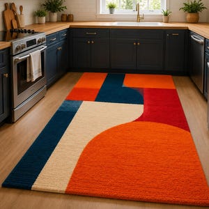 Hand Tufted Modern Geometric Wool Rug, Colorful Abstract Area Rug, Orange Blue Cream Carpet, Living Room Bedroom Rug, Handmade Gift