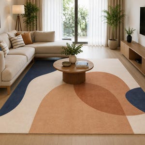 Modern abstract handgetuft wollen vloerkleed, beige blauw terracotta vloerkleed, eigentijds woonkamertapijt, geometrisch handgemaakt vloerkleed