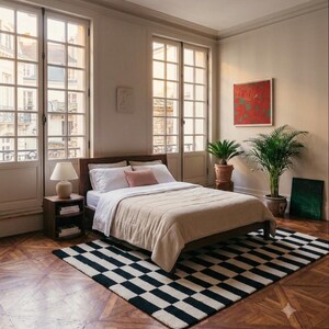 Tapis à damier tufté à la main | Tapis moderne noir et blanc | Tapis géométrique en laine | Tapis contemporain pour chambre ou salon
