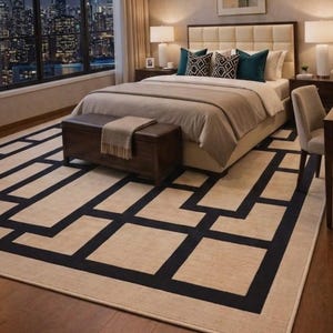 Tapis géométrique moderne | Tapis en laine tufté à la main | Tapis contemporain beige et noir | Tapis de luxe pour salon ou chambre