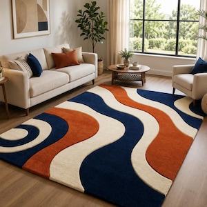Modern Abstract Hand Tufted Wool Rug, Navy Blue Rust Orange Cream Area Rug, Contemporary Living Room Carpet, Handmade Luxury Rug