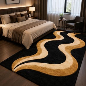 Modern Hand Tufted Wool Rug, Black Gold Abstract Area Rug, Luxury Contemporary Carpet, Living Room Bedroom Rug, Handmade Floor Rug