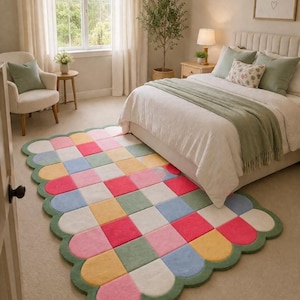 Tapis à damier coloré tufté à la main, tapis à bords festonnés, tapis moderne en laine pastel, tapis pour chambre d'enfant, tapis décoratif pour chambre à coucher