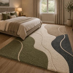 Modern Hand Tufted Abstract Area Rug, Green Beige Cream Wave Pattern Rug, Scandinavian Minimalist Carpet, Luxury Living Room Bedroom Rug.