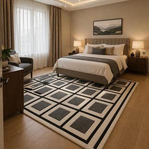 Modern Black White Geometric Area Rug, Hand Tufted Wool Carpet, Minimalist Living Room Rug, Bedroom Rug, Contemporary Home Decor