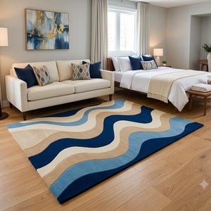 Modern Hand Tufted Abstract Area Rug, Blue Beige Wave Rug, Luxury Wool Carpet, Living Room Rug, Bedroom Rug, Contemporary Home Decor