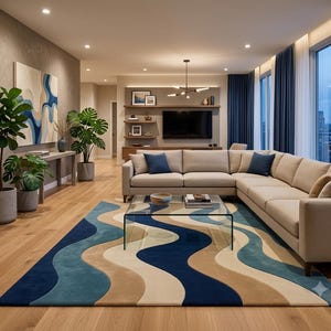 Tapis moderne tufté à la main à motifs abstraits, motif vagues bleu et beige, tapis de salon, tapis de chambre contemporain, décoration intérieure scandinave