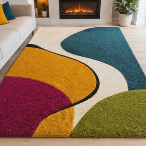 Hand Tufted Wool Area Rug, Modern Abstract Pink Beige, Contemporary Living Room Floor Rug