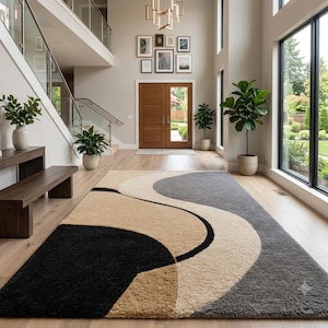 Modern Hand Tufted Abstract Area Rug, Neutral Beige Grey Black Carpet, Luxury Wool Living Room Rug, Contemporary Scandinavian Floor Rug,