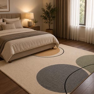 May include: A rectangular area rug featuring a cream-colored base with large, overlapping circular patterns in shades of charcoal gray, sage green, and muted tan, accented by thin black circular outlines across the textured surface.
