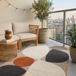 Tapis moderne tufté à la main à motifs abstraits, tapis géométrique neutre en laine, tapis beige, noir et terre cuite, tapis de sol pour salon ou chambre.