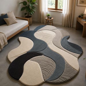 Tapis moderne abstrait en laine tuftée à la main, tapis de forme organique irrégulière, tapis scandinave contemporain, tapis de chambre, décoration intérieure de luxe
