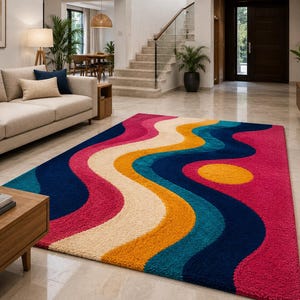 Peut inclure: Un tapis rectangulaire orné d'un motif ondulé aux bandes alternées de rose vif, crème, jaune moutarde, bleu sarcelle et bleu marine. Le design comprend un cercle jaune proéminent sur le côté droit, le tout dans un velours texturé et épais.