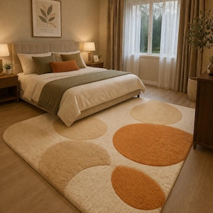 Tapis moderne tufté à la main, tapis abstrait à cercles, tapis beige terracotta, tapis en laine douce, tapis pour salon ou chambre, décoration intérieure minimaliste