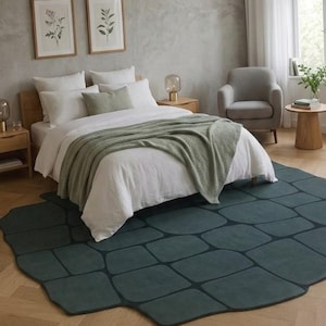 Modern Hand Tufted Area Rug, Organic Pebble Shape Rug, Dark Teal Abstract Carpet, Luxury Bedroom Rug, Living Room Wool Rug