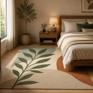 May include: A rectangular area rug featuring a large, dark green botanical leaf design centered on a cream background. The rug incorporates abstract shapes in muted sage green, soft beige, and a bold terracotta orange along the right edge.