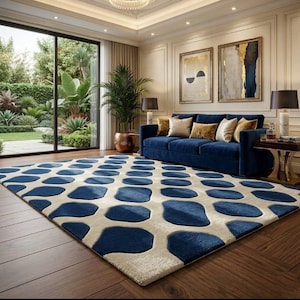 Modern Navy Blue Polka Dot Hand Tufted Wool Rug, Cream Area Rug, Contemporary Geometric Carpet, Living Room Bedroom Rug, Handmade