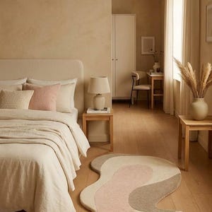 Tapis abstrait moderne tufté à la main, tapis en laine de forme irrégulière, beige et rose poudré, tapis de sol doux pour salon et chambre