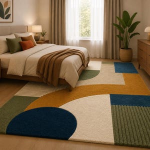May include: A rectangular area rug featuring a geometric pattern with large circles, semi-circles, and rectangular blocks in shades of navy blue, mustard yellow, olive green, and cream. The rug has a textured pile with varying surface patterns.