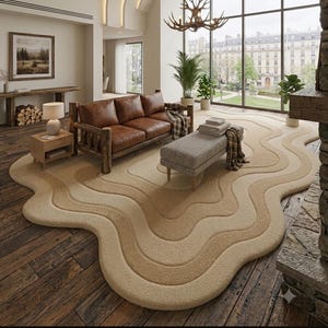 Tapis beige moderne tufté à la main aux formes organiques | Tapis abstrait de luxe à vagues | Tapis scandinave pour chambre ou salon | Tapis en laine douce