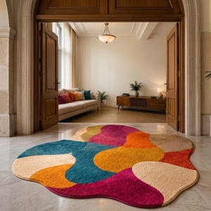 Hand Tufted Abstract Wavy Area Rug, Multi-Color Woolen Floor Carpet (Living Room, Bedroom)