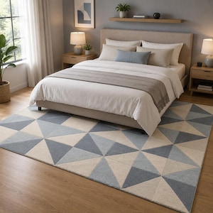 Hand Tufted Wool Geometric Rug, Modern Blue Ivory Triangle Area Rug, Contemporary Carpet for Bedroom, Living Room Decor, Handmade