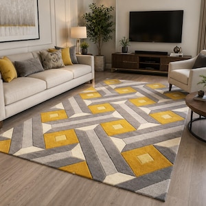 Modern Geometric Hand Tufted Wool Rug, Yellow Grey Area Rug, Abstract Carpet, Living Room Rug, Bedroom Rug, Handmade Home Decor