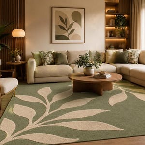 Op de afbeelding: Een rechthoekig vloerkleed met een grootschalig botanisch bladpatroon in crème op een saliegroene achtergrond. Het kleed heeft een getextureerd, getuft uiterlijk waarbij de bladmotieven zijn uitgevoerd in een lichtere, verhoogde pool.