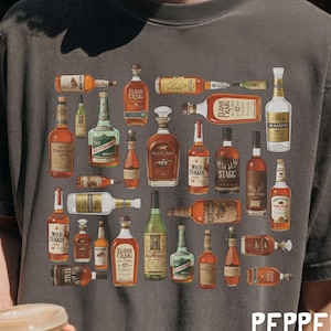 Bourbon Bottle T-Shirt, Vintage Whiskey Collection Tee, Retro Liquor Bottles Top, Bourbon Lover Gift, Bar Cart Drinker Apparel