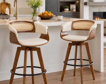 Mid Century Rattan Swivel Counter Stools Cane Back Upholstered Seat Set of 2