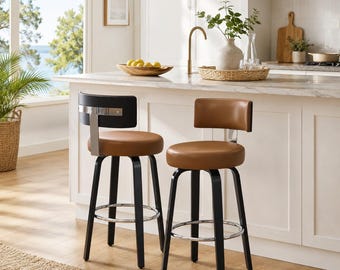 Swivel Counter Height Bar Stools Faux Leather Walnut Wood Chairs Set of 2