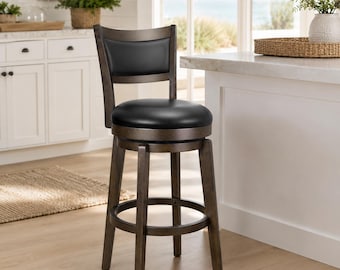 Black Leather Bar Stool with High Backrest Solid Wood Legs