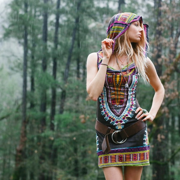 Korte hoodiejurk dagtripper, betoverd bruin, mini, festivalkleding, hippie, tribal, zigeuner, boho, boho, Burning Man, psychedelisch,