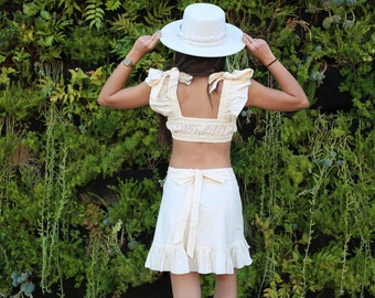 Adorable Boho Two-Piece Set; Boho-chic; Boho Style; Crop Top; Wrap Skirt; Cream Colored; Cotton