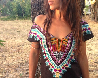 Enchanted Brown Day Tripper Dress, Tunic, Hippie, Burning Man, Boho, Bohemian, Tribal, Festival Clothing, Hippie Chic, Mini Dress