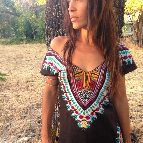 Enchanted Brown Day Tripper Dress, Tunic, Hippie, Burning Man, Boho, Bohemian, Tribal, Festival Clothing, Hippie Chic, Mini Dress