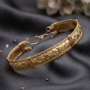 May include: A gold-colored bracelet with an intricate floral design. The bracelet features a hook clasp and is displayed on a dark, textured surface. The bracelet's design includes detailed scrollwork.