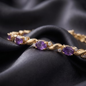 14K Yellow Gold Oval Amethyst Diamond Tennis Bracelet, February Birthstone Anniversary Gift