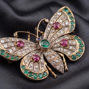 Broche papillon antique, émeraude, rubis, moissanite, épingle en argent plaqué or 14 carats