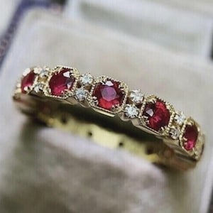 Art Deco Ruby Moissanite Eternity Ring, 14K Gold Finish Milgrain Band, July Birthstone