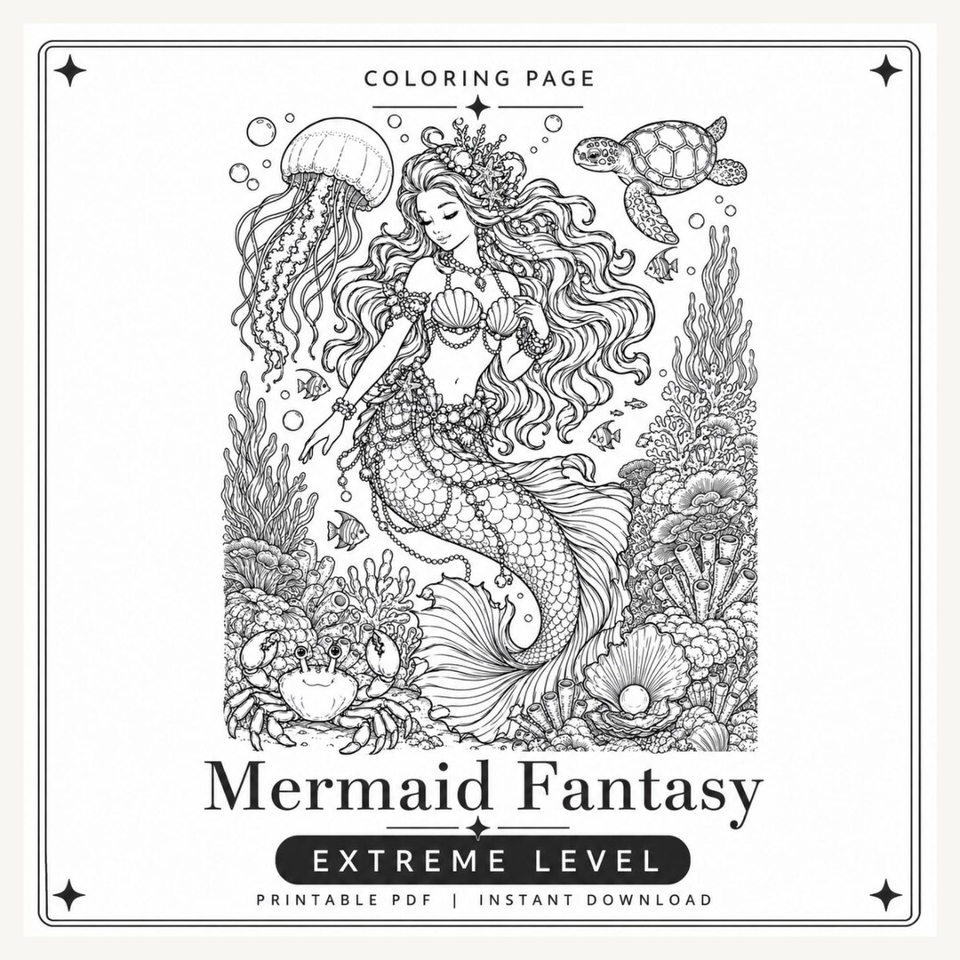 Fantasy Mermaid Coloring Pages | Extreme Level | Printable PDF & PNG ...